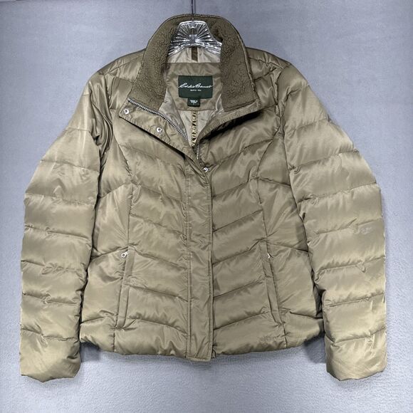 Eddie Bauer EB550 Jacket‎ Womens L Goose Down Gold Quilted Puffer Coat Full Zip - Picture 1 of 16
